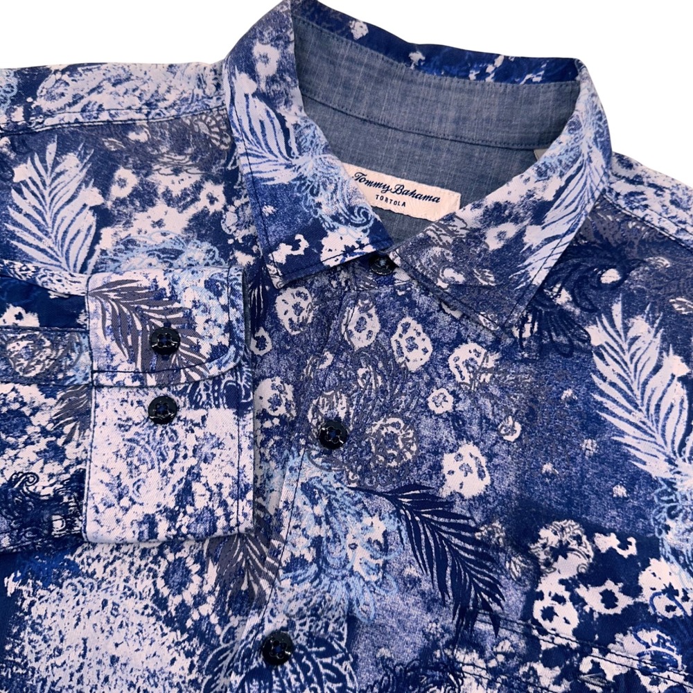Tommy Bahama Tortola Men Button Up Shirt Blue Tropical Leaf Print Long Sleeve LG
